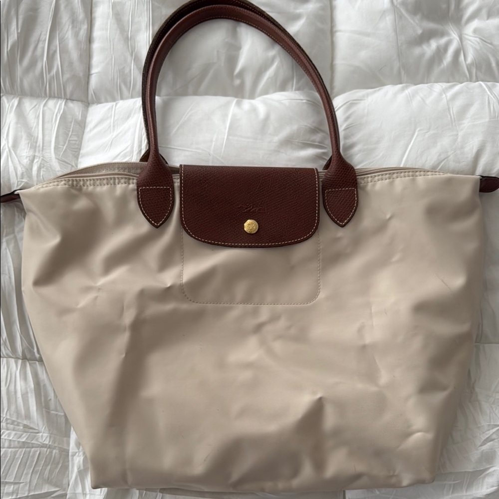 Longchamp Cream and Brown Tote with Leather Accents